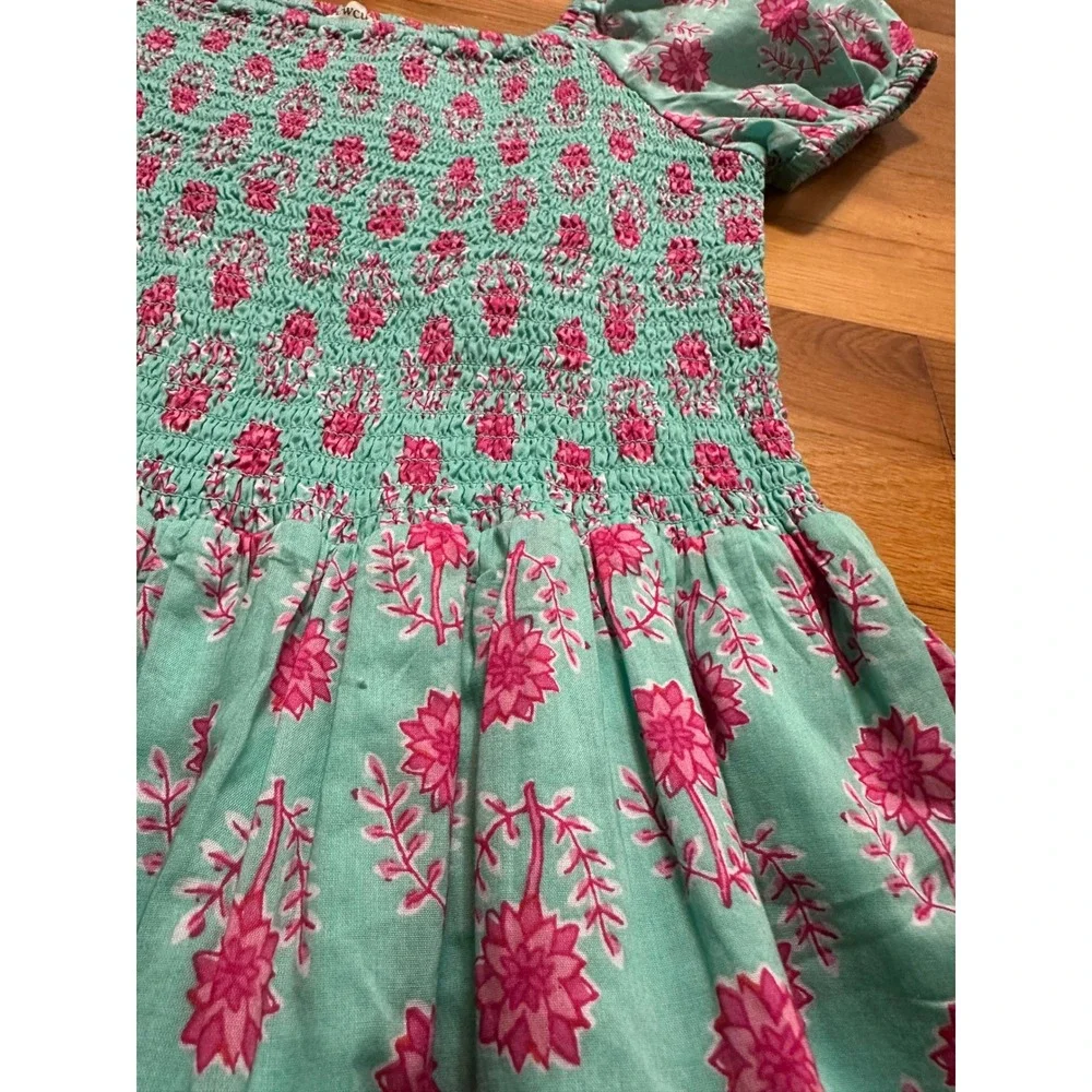 Crewcuts Girls Aqua Pink Floral Smocked Puff Sleeve Dress Size 14 CG285